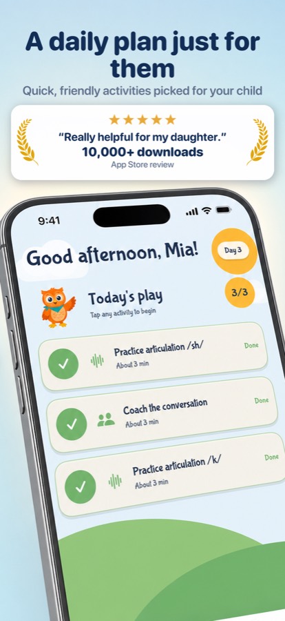The home screen showing today’s short plan: articulation practice for /sh/ and /k/, and a conversation activity
