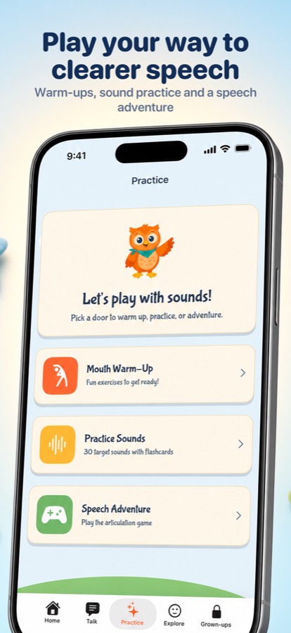 The Practice menu with three doors — Mouth Warm-Up, Practice Sounds and Speech Adventure