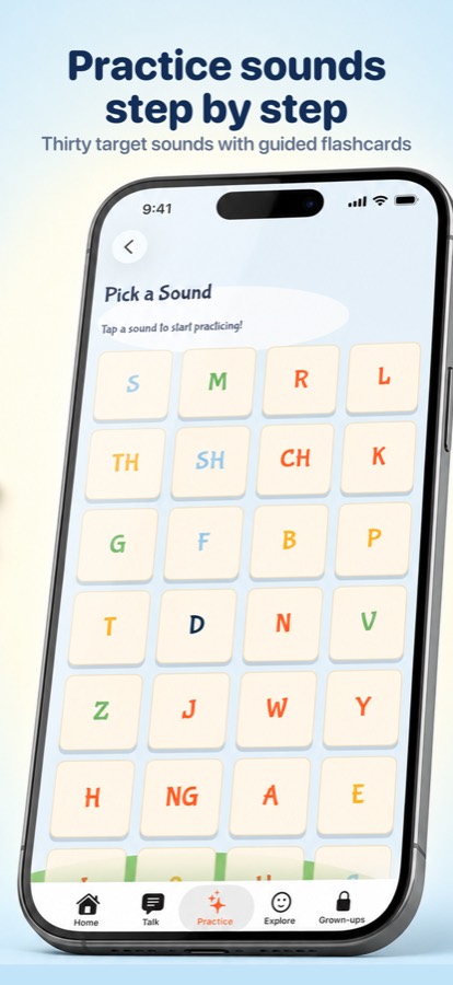 The Pick a Sound grid showing all thirty target sounds, from S and M to NG and the vowels
